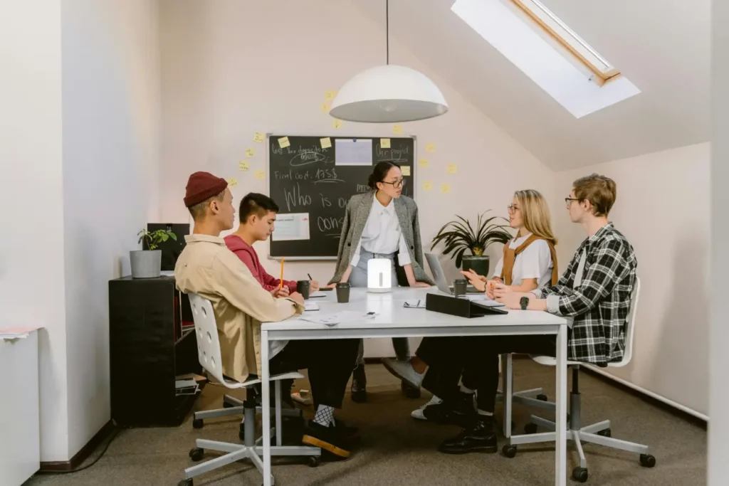 Creative team brainstorming in a bright attic office space